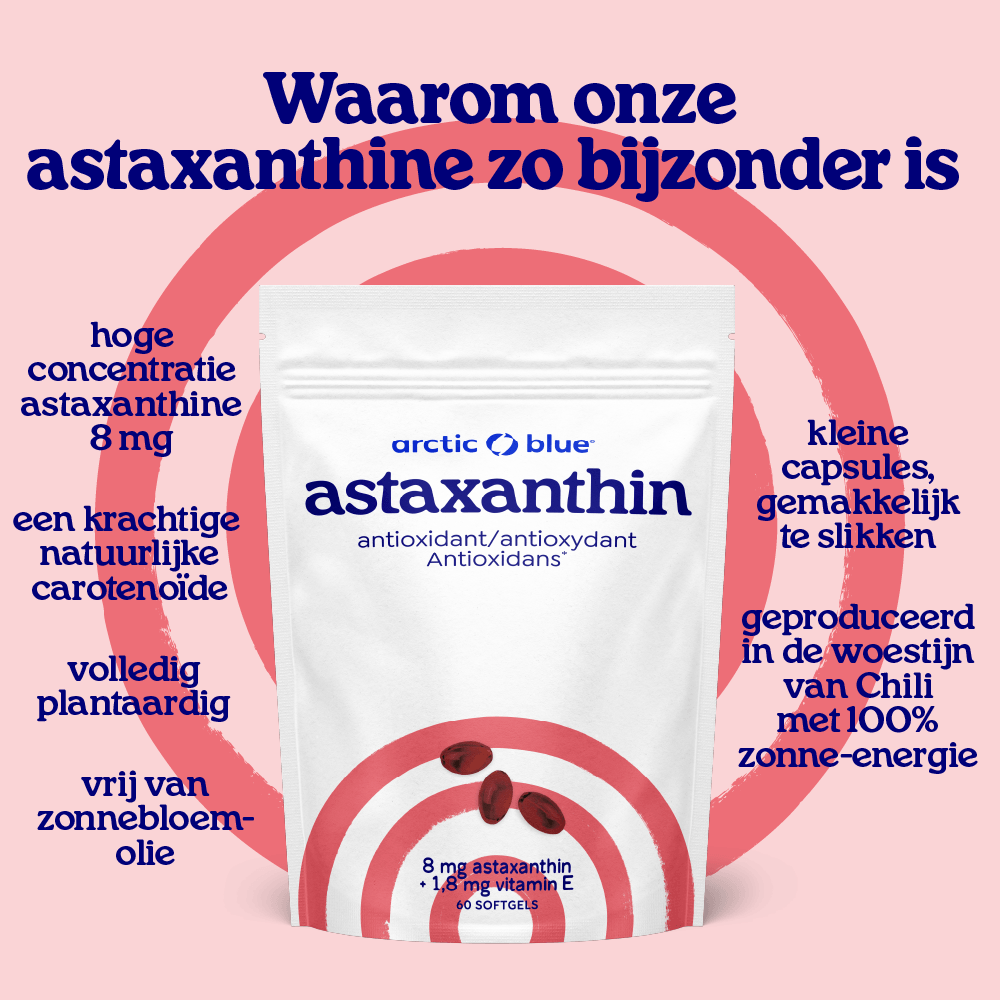 Waarom onze astaxanthine zo bijzonder is: hoge concentratie van 8 mg, een krachtige natuurlijke carotenoide, volledig plantaardig, vrij van zonnebloemolie, kleine capsules en geproduceerd in de woestijn van Chili met 100 procent zonne-energie