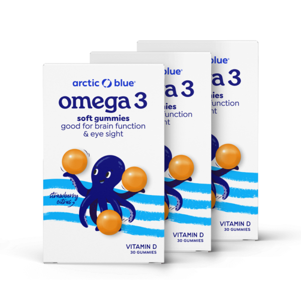 Drie verpakkingen Arctic Blue omega 3 gummies, goed voor 3 maanden