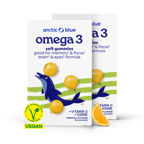 Twee doosjes Arctic Blue omega 3 vegan gummies, goed voor twee maanden