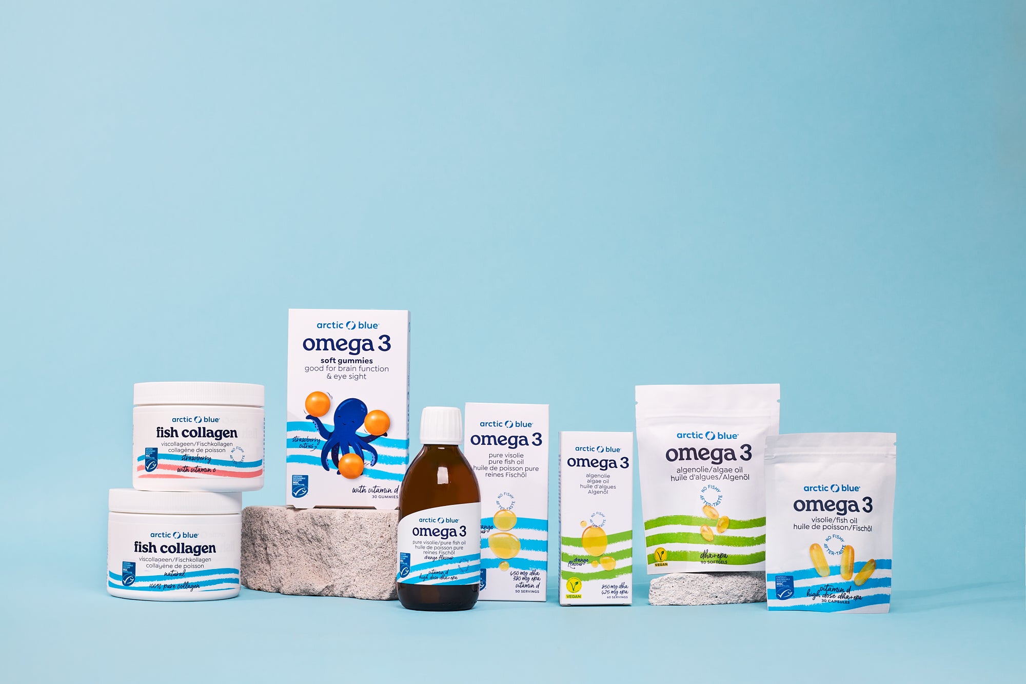 overview of all arctic blue products in a row
