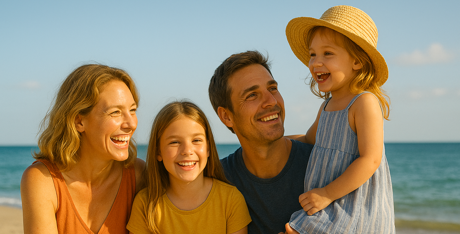 mother, father and two children on the beach