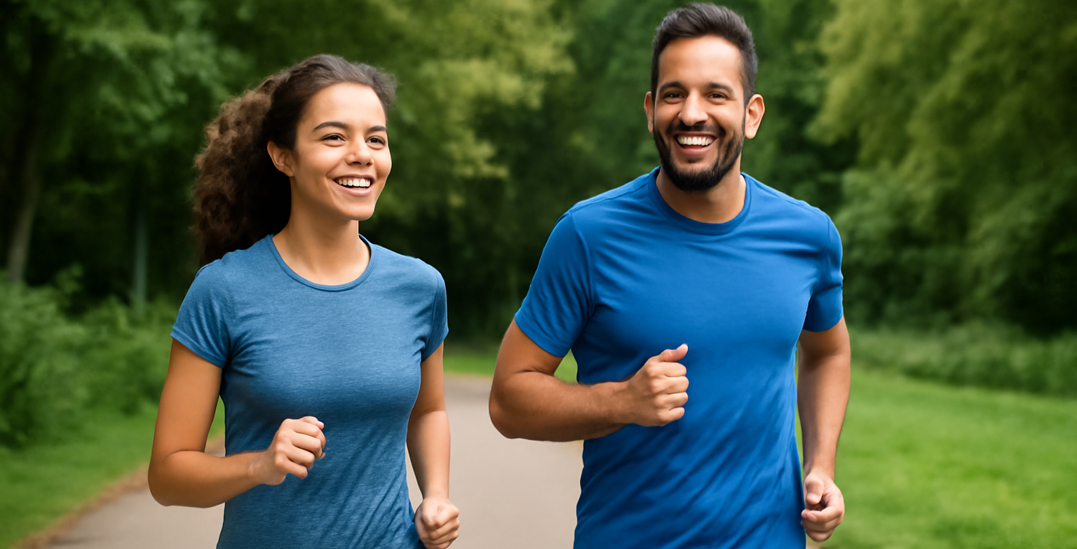 woman and man running in the forest