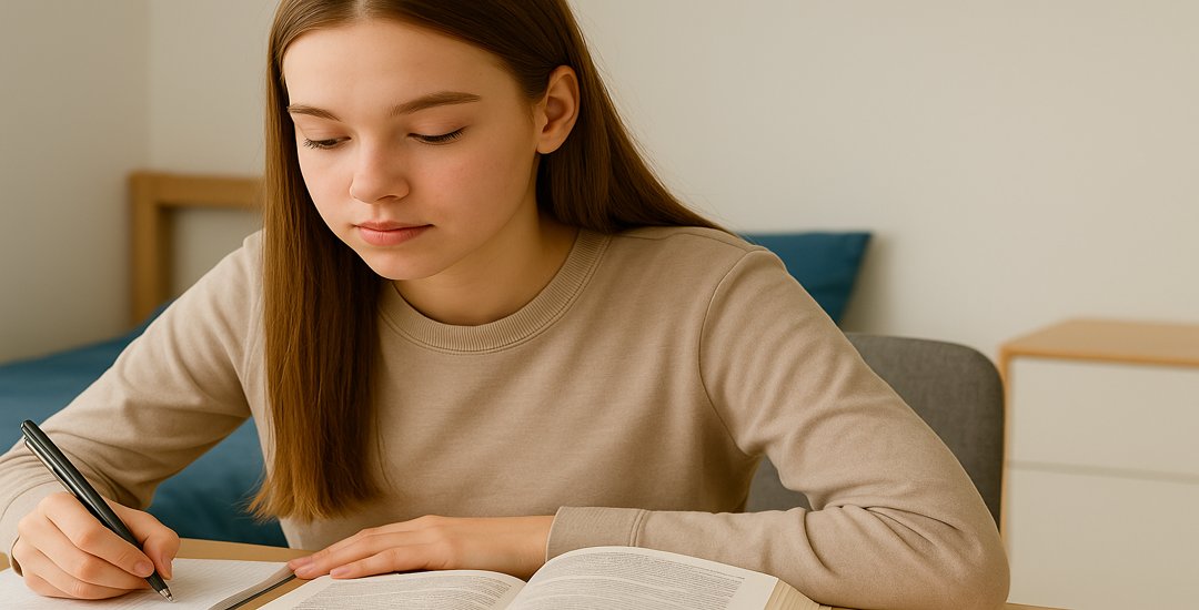 girl at her desk studying
