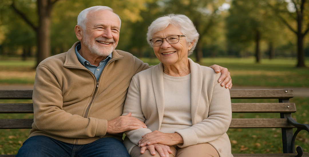 senior couple outside on a bench