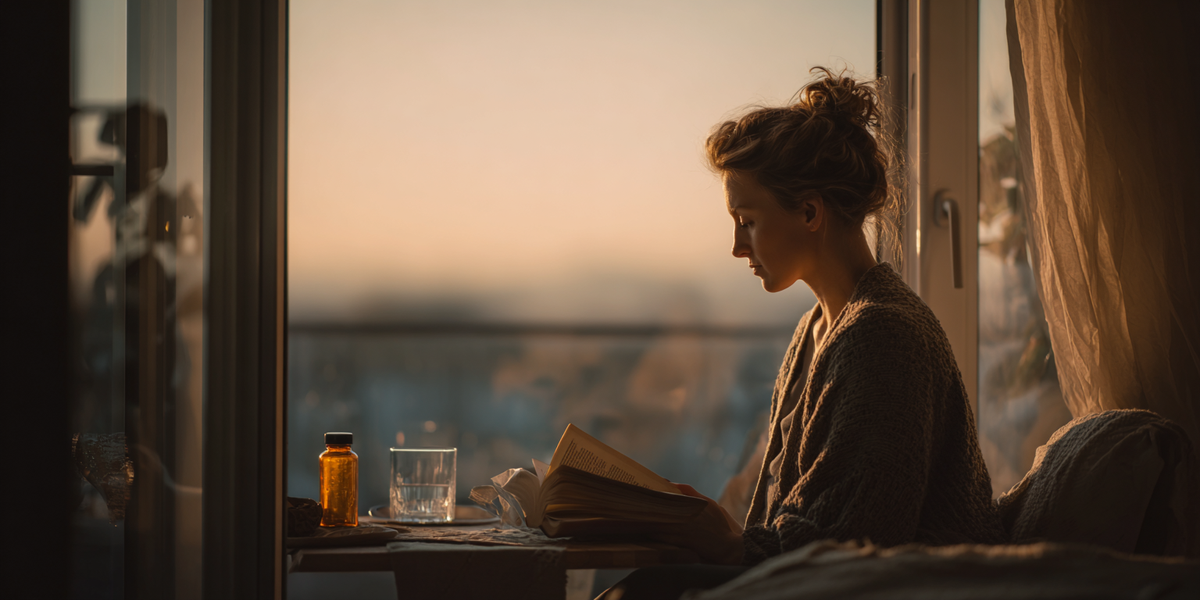 Een vrouw zit rustig bij het raam, lezend met een glas water en een potje omega 3 capsules op tafel – een serene sfeer die mentale gezondheid en een gezonde levensstijl uitstraalt