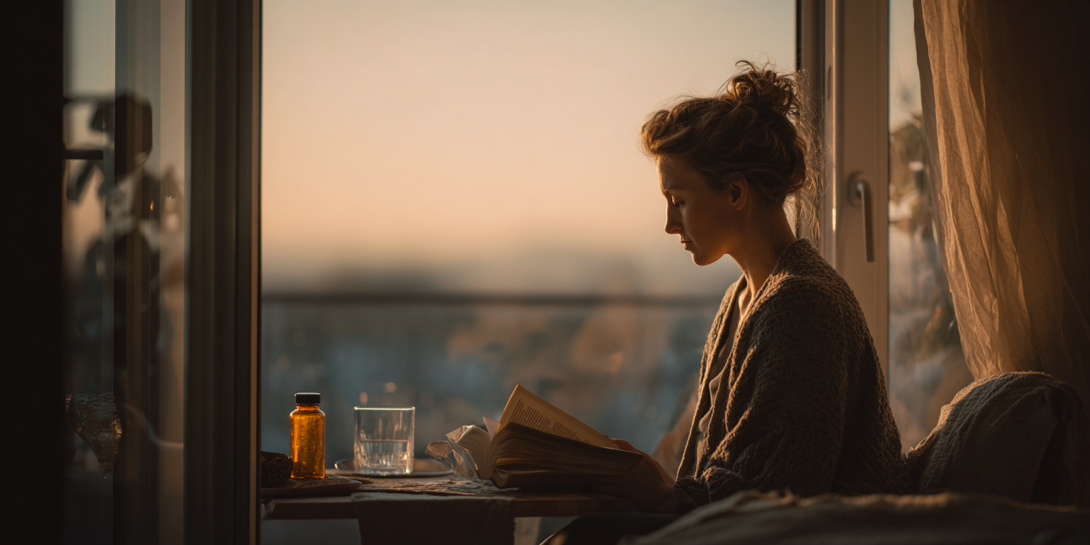 A woman sits quietly by the window, reading with a glass of water and a jar of omega 3 capsules on the table, a serene atmosphere radiating mental health and a healthy lifestyle