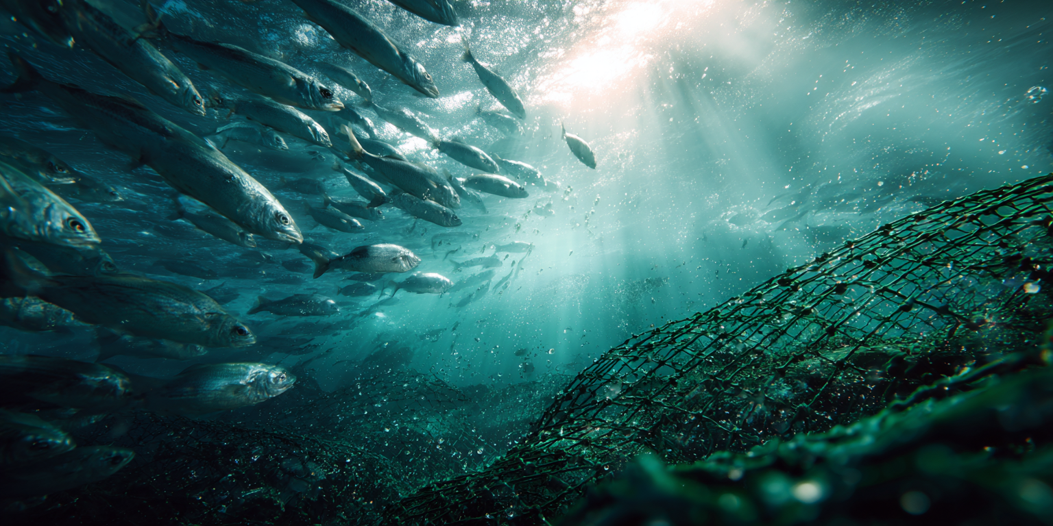Fishing nets catching fish in a busy ocean with a sustainable algae oil facility in the background as an alternative to fish oil