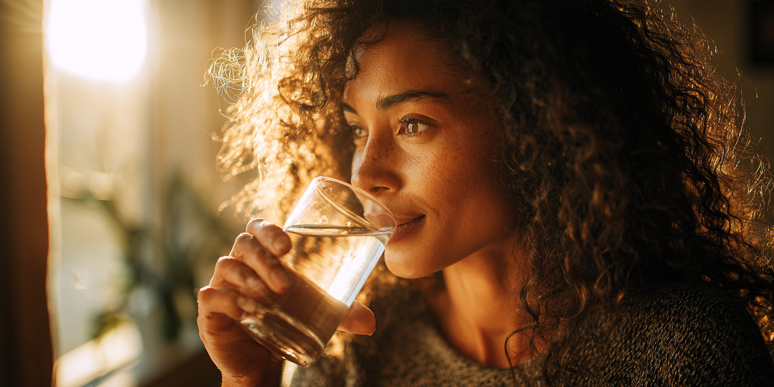 Woman with radiant skin drinks a glass of water in natural light, symbolising healthy hydration