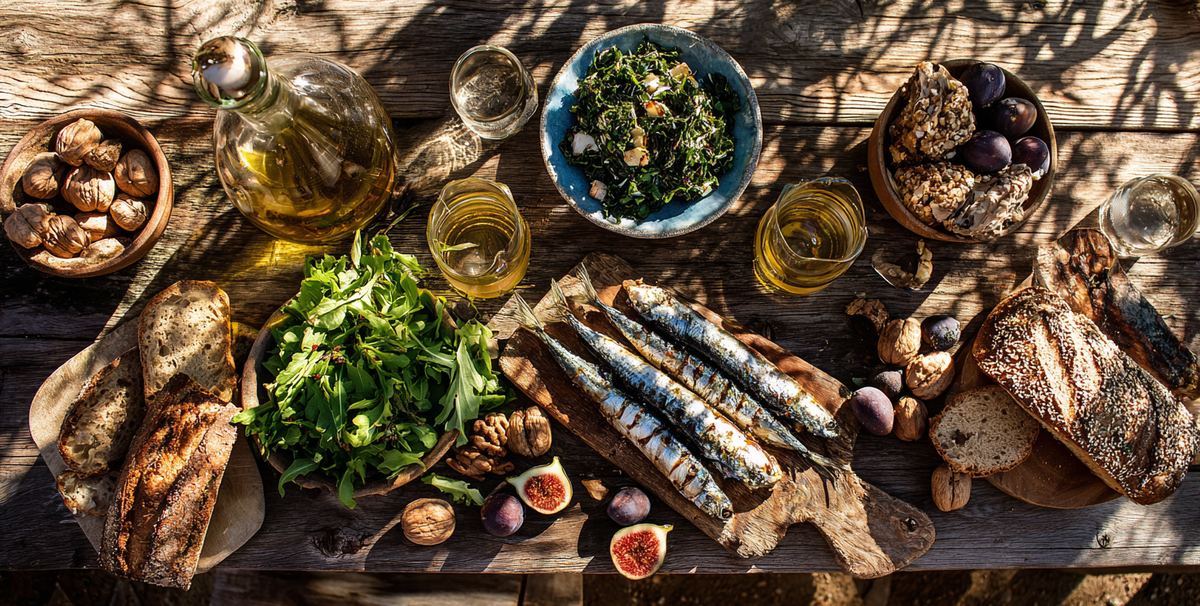 Bovenaanzicht van een mediterrane lunch met sardines, zeewier, walnoten, olijfolie en vijgen op een houten tafel aan de kust van Ikaria, symbool voor een omega-3 rijk dieet en gezonde levensstijl