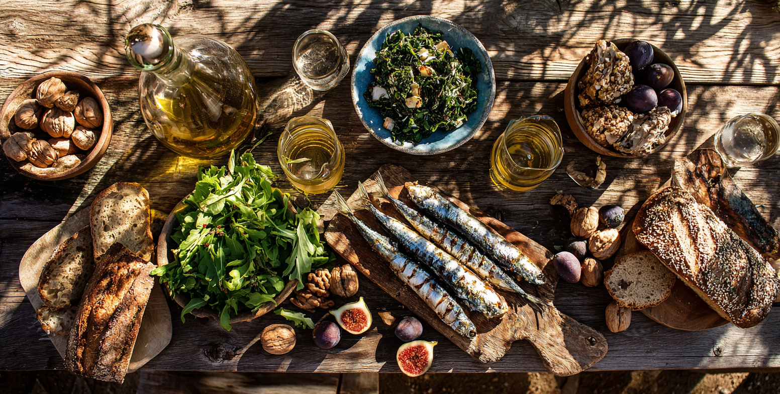 Top view of a Mediterranean lunch with sardines, seaweed, walnuts, olive oil and figs on a wooden table on the coast of Ikaria, symbolising an omega-3 rich diet and healthy lifestyle