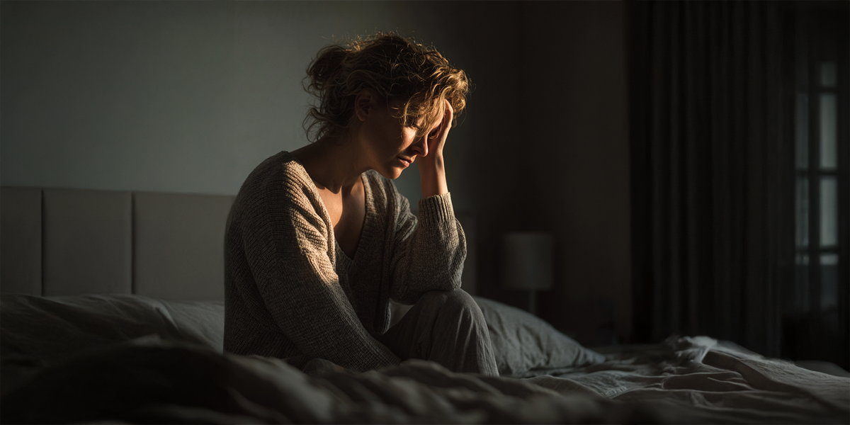 vrouw die moe op bed zit