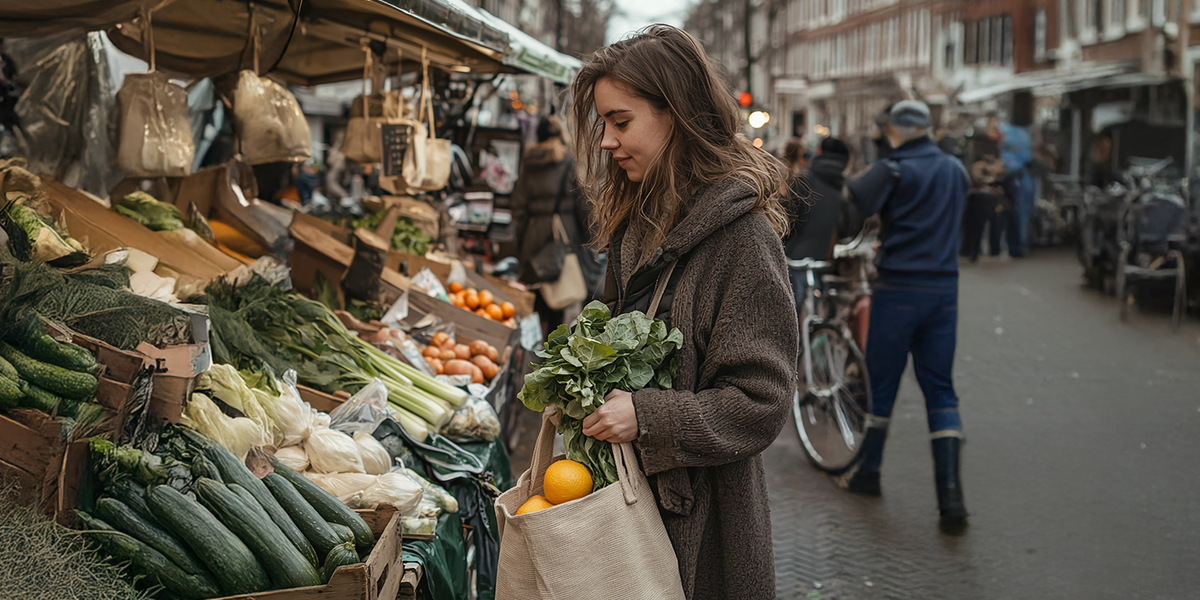 dame op de markt die groente aan het kopen is