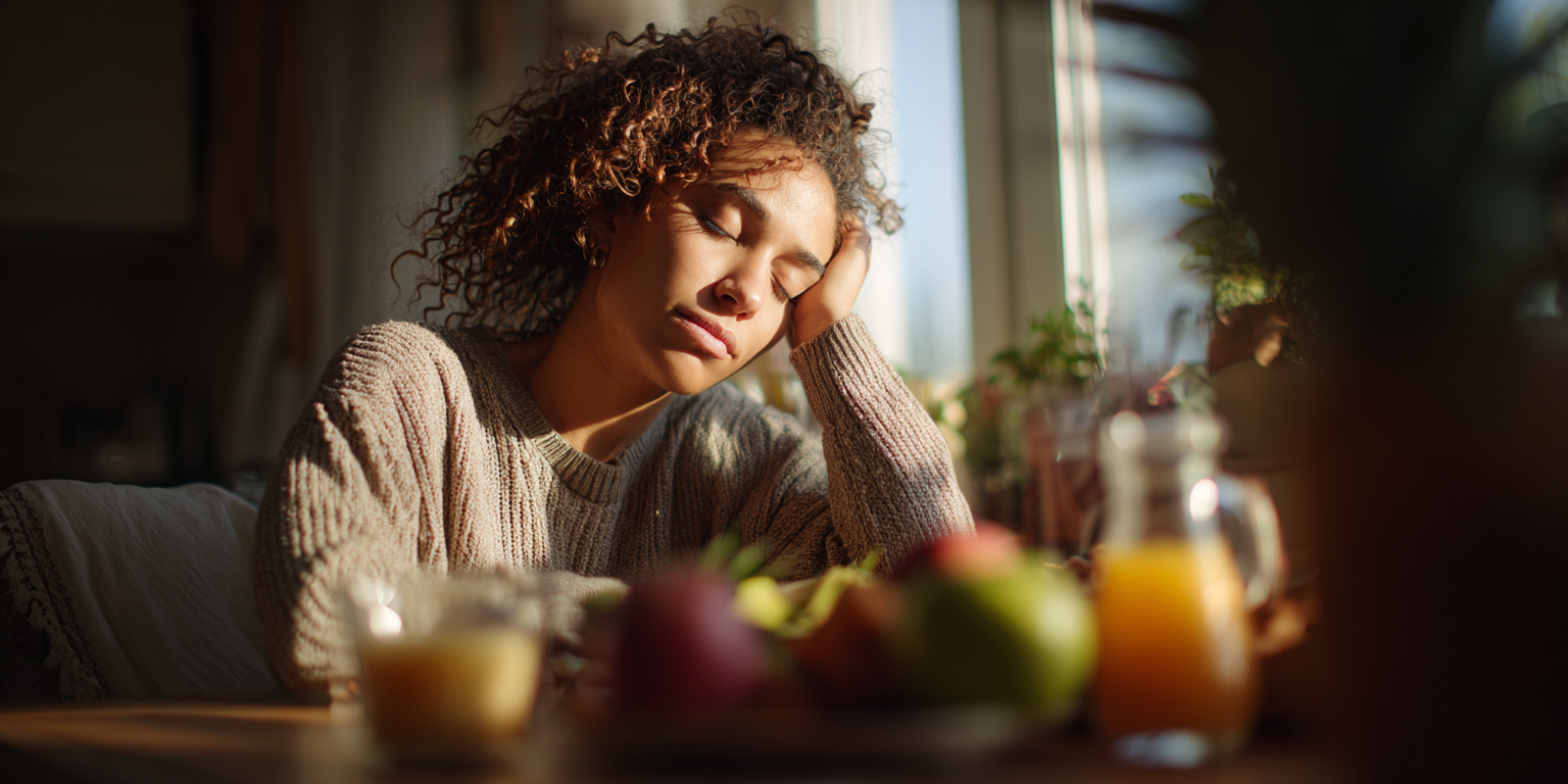 Tired woman at a kitchen table with her head resting on her hand, surrounded by healthy food such as fruit, vegetables and nuts, with soft morning light coming through the window