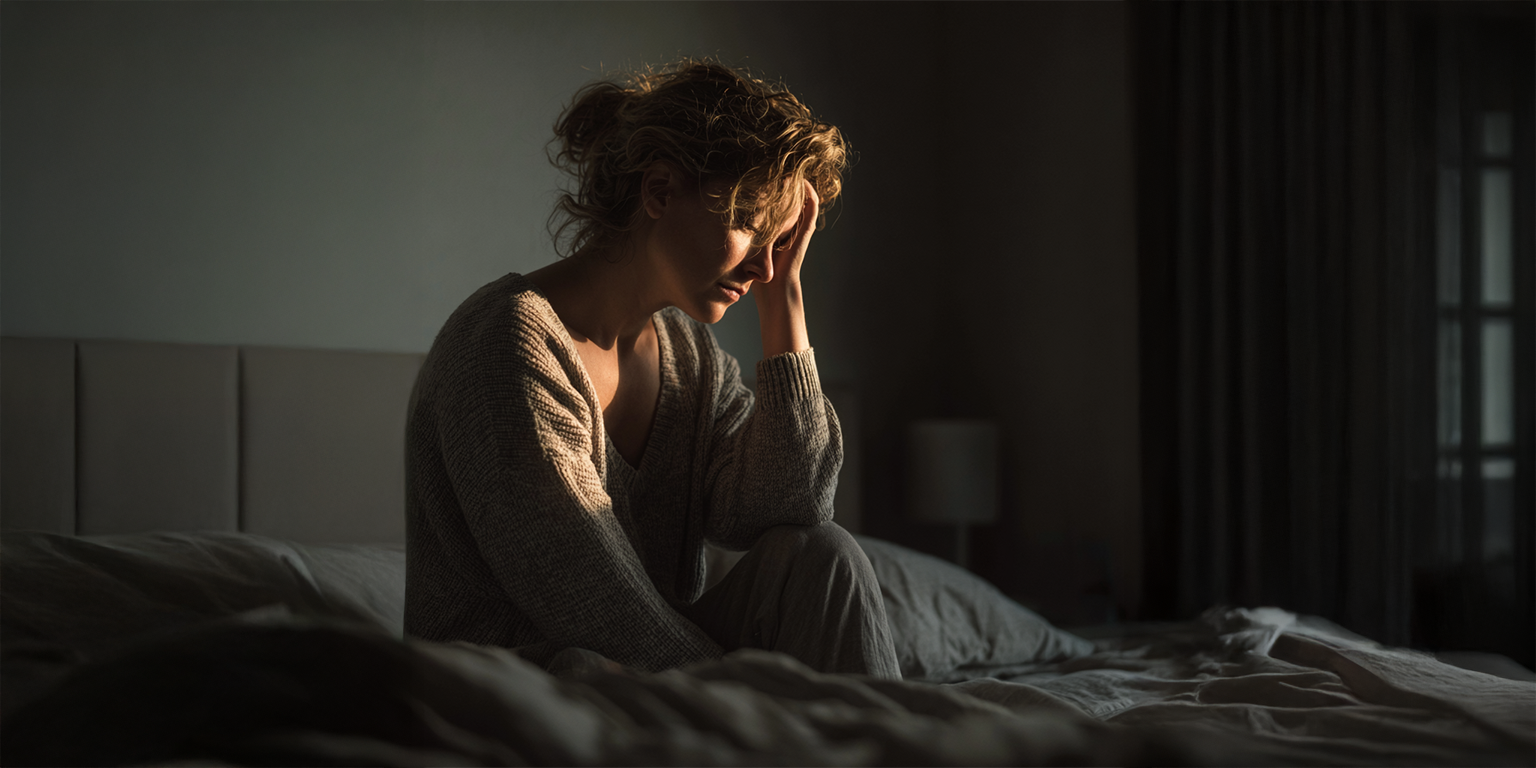 tired woman sitting on a bed