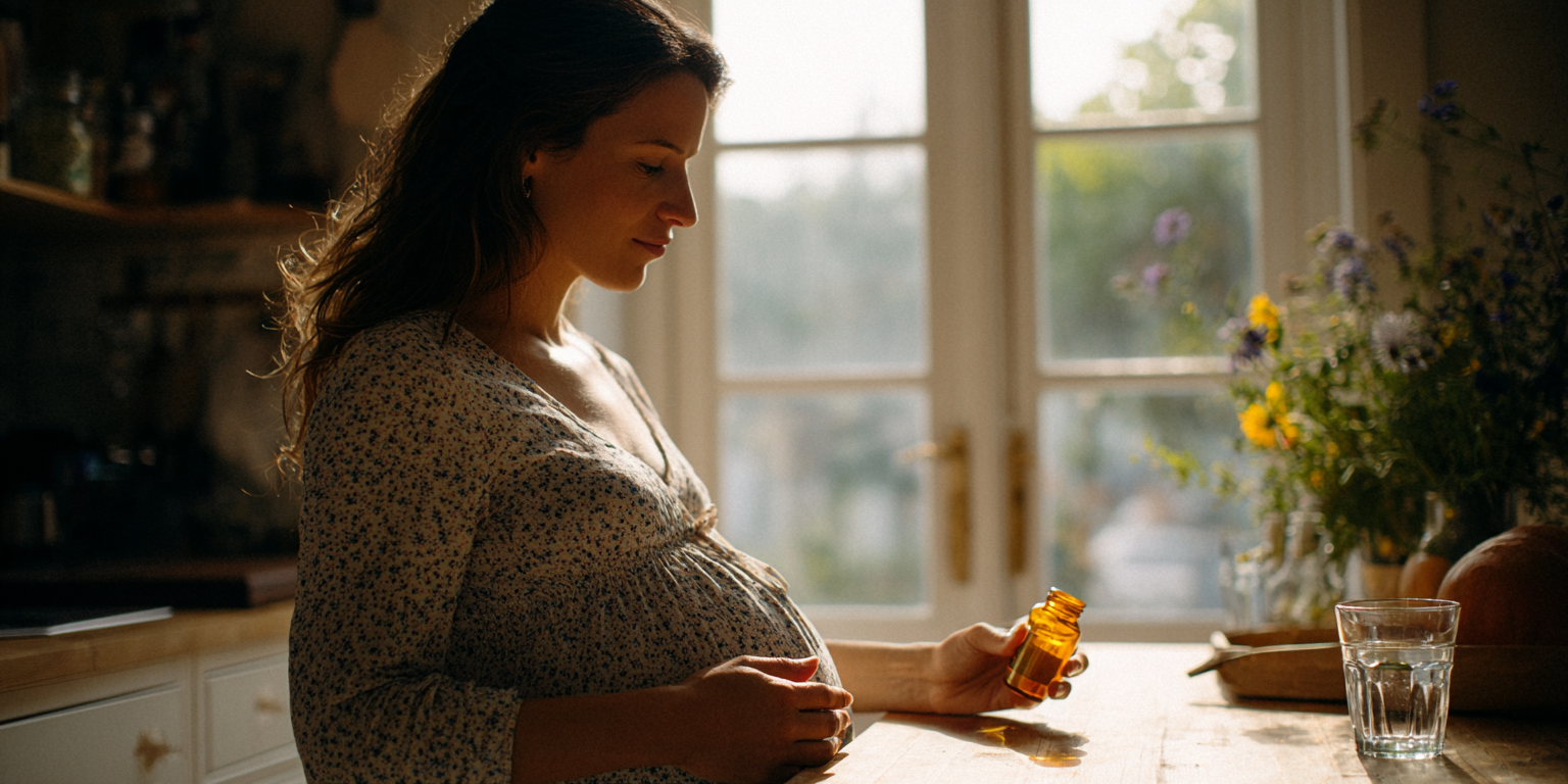 Pregnant woman holding a fish oil capsule at the kitchen table with a bottle of Omega-3 supplements and a glass of water, in natural daylight