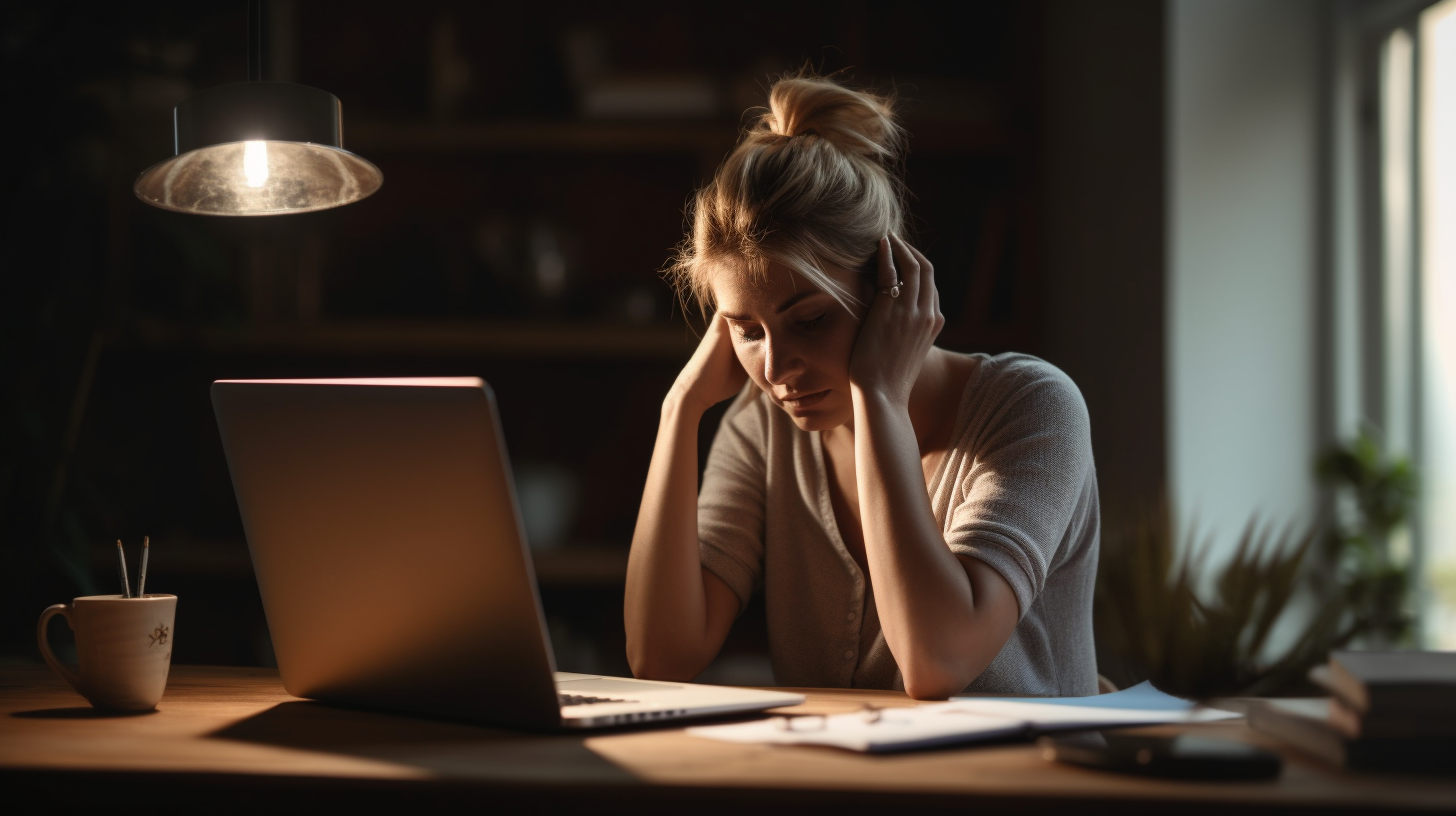 woman at her laptop with her hands in her hair from stress