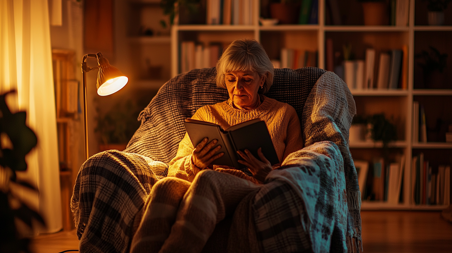 elderly lady reading a book in a chair