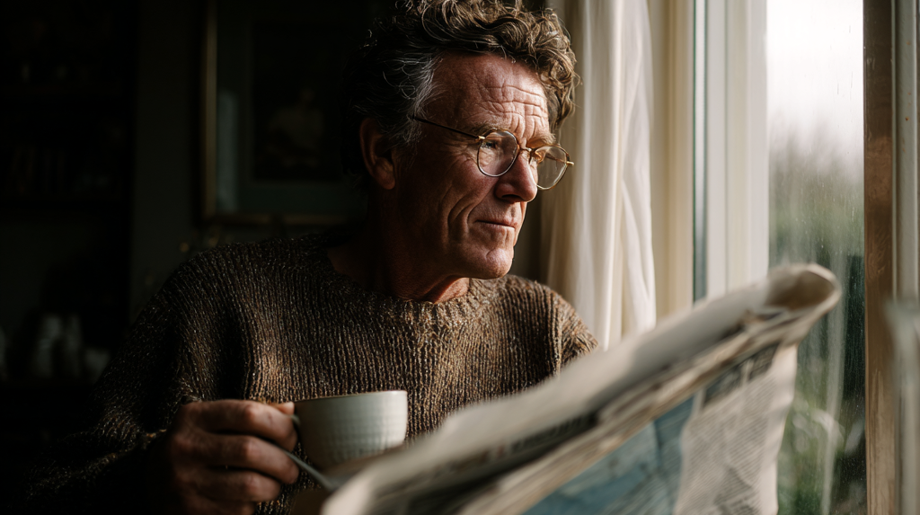man sitting by the window with a cup of coffee reading the newspaper