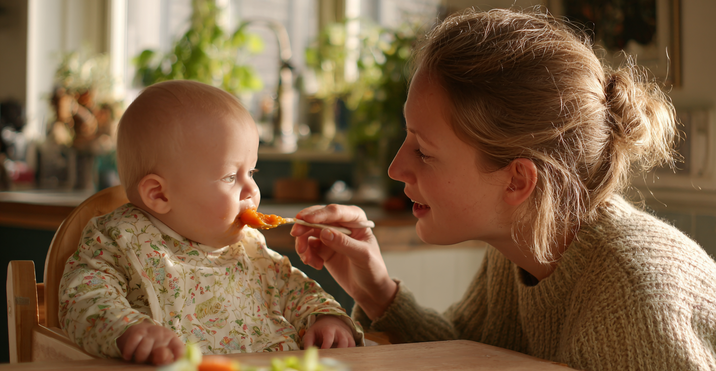 woman feeding a baby with a spoon