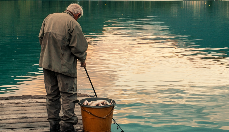 old man on the jetty putting caught fish in a bucket