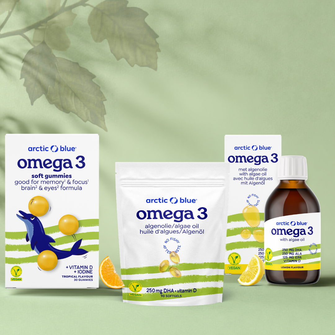 Plantaardige gezinsbundel van Arctic Blue: Algenolie en Hennepzaadolie, Algenolie DHA met Vitamine D capsules en Omega-3 Gummie Vegan