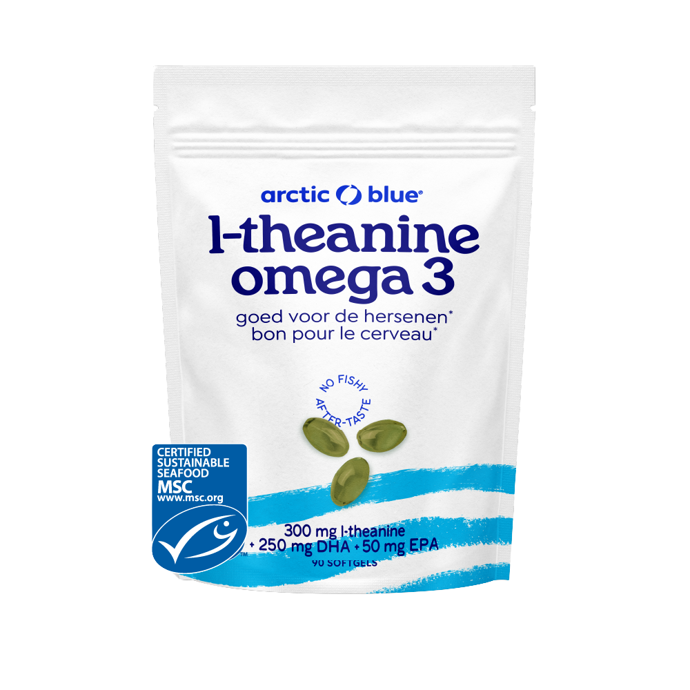 Zakje Arctic Blue l-theanine omega 3 met MSC-keurmerk, 300 mg l-theanine plus 250 mg DHA en 50 mg EPA, 90 softgels