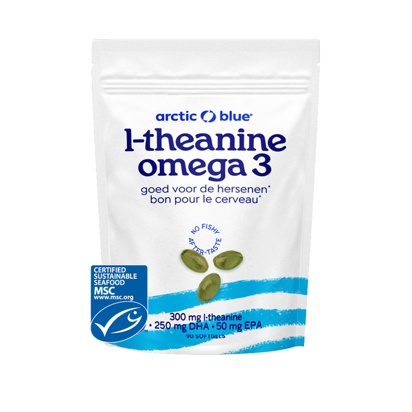 Zakje Arctic Blue l-theanine omega 3 met MSC-keurmerk, 300 mg l-theanine plus 250 mg DHA en 50 mg EPA, 90 softgels