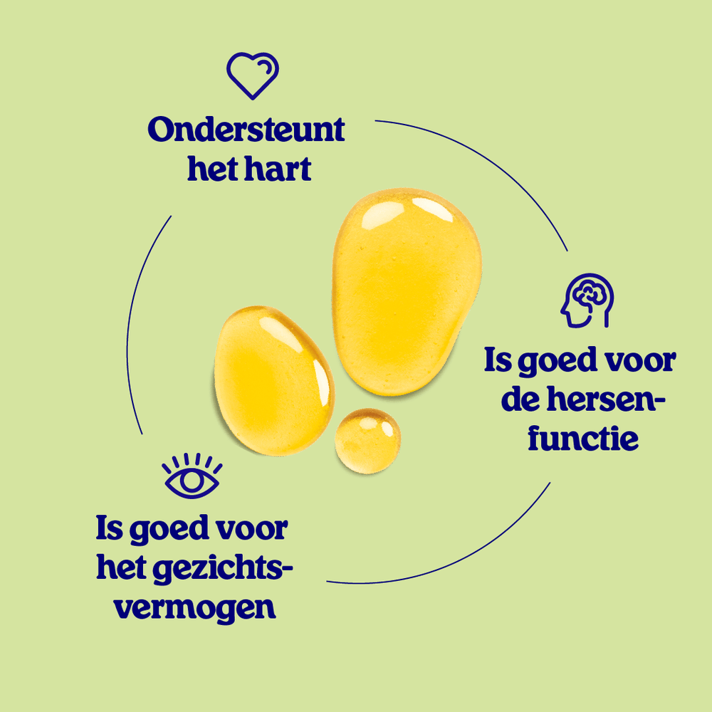 Omega 3 ondersteunt het hart, is goed voor het gezichtsvermogen en goed voor de hersenfunctie, met algenoliedruppels in het midden