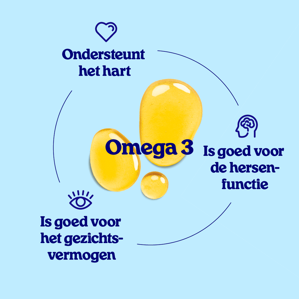 Omega 3 ondersteunt het hart, is goed voor het gezichtsvermogen en goed voor de hersenfunctie, met visoliedruppels in het midden