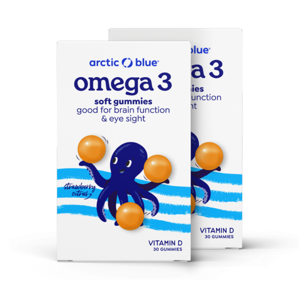 Twee verpakkingen Arctic Blue omega 3 gummies, goed voor 2 maanden