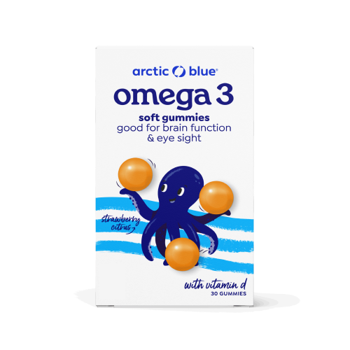 Verpakking Arctic Blue omega 3 soft gummies met vitamine D, 30 gummies, smaak aardbei-citrus