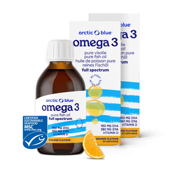 Twee flessen en dozen Arctic Blue omega 3 full spectrum visolie, goed voor twee maanden