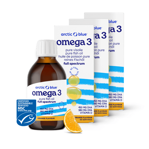 Drie flessen en dozen Arctic Blue omega 3 full spectrum visolie, goed voor drie maanden