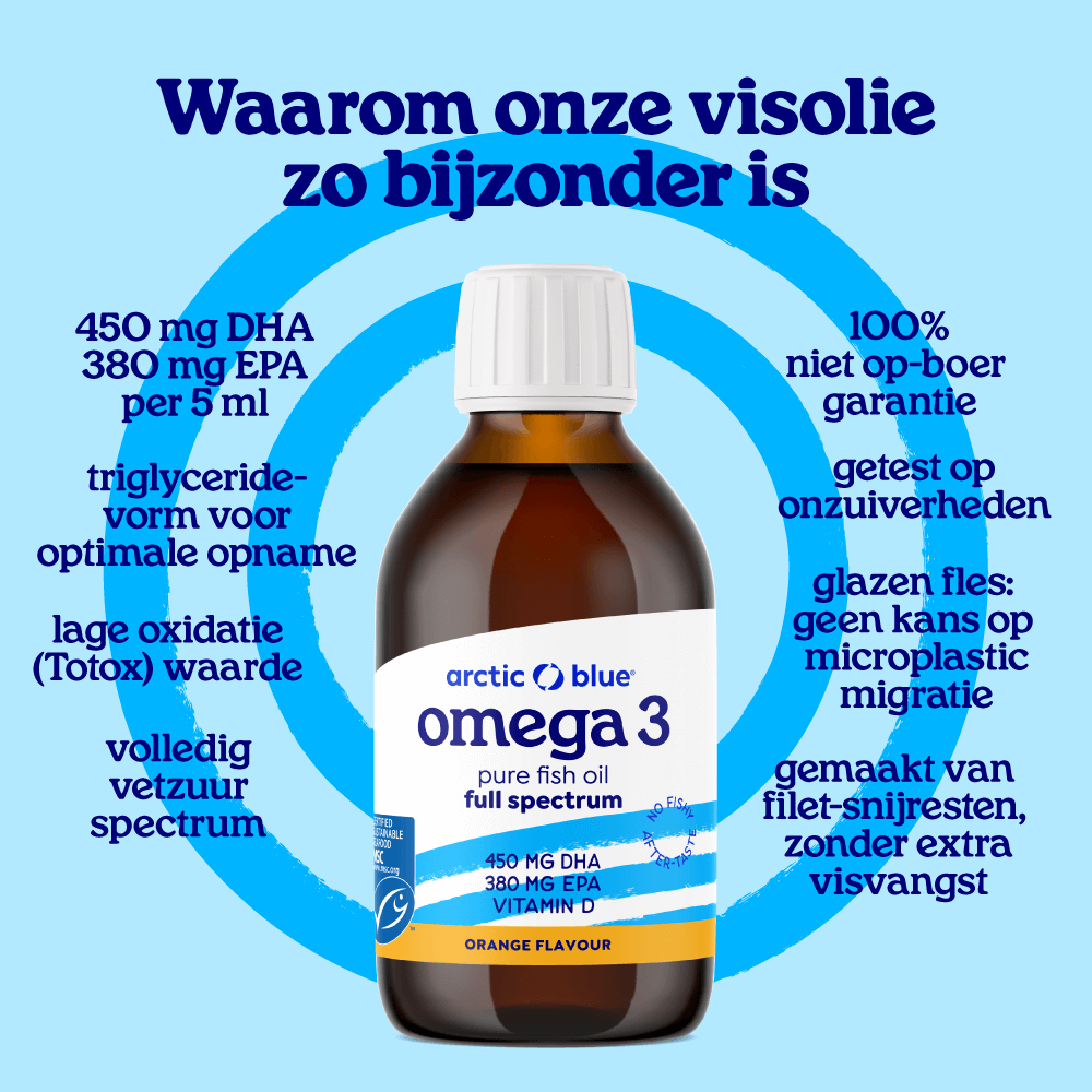 Waarom onze full spectrum visolie zo bijzonder is: 450 mg DHA en 380 mg EPA per 5 ml, triglyceridevorm, lage oxidatiewaarde, volledig vetzuurspectrum, glazen fles en gemaakt van filet-snijresten