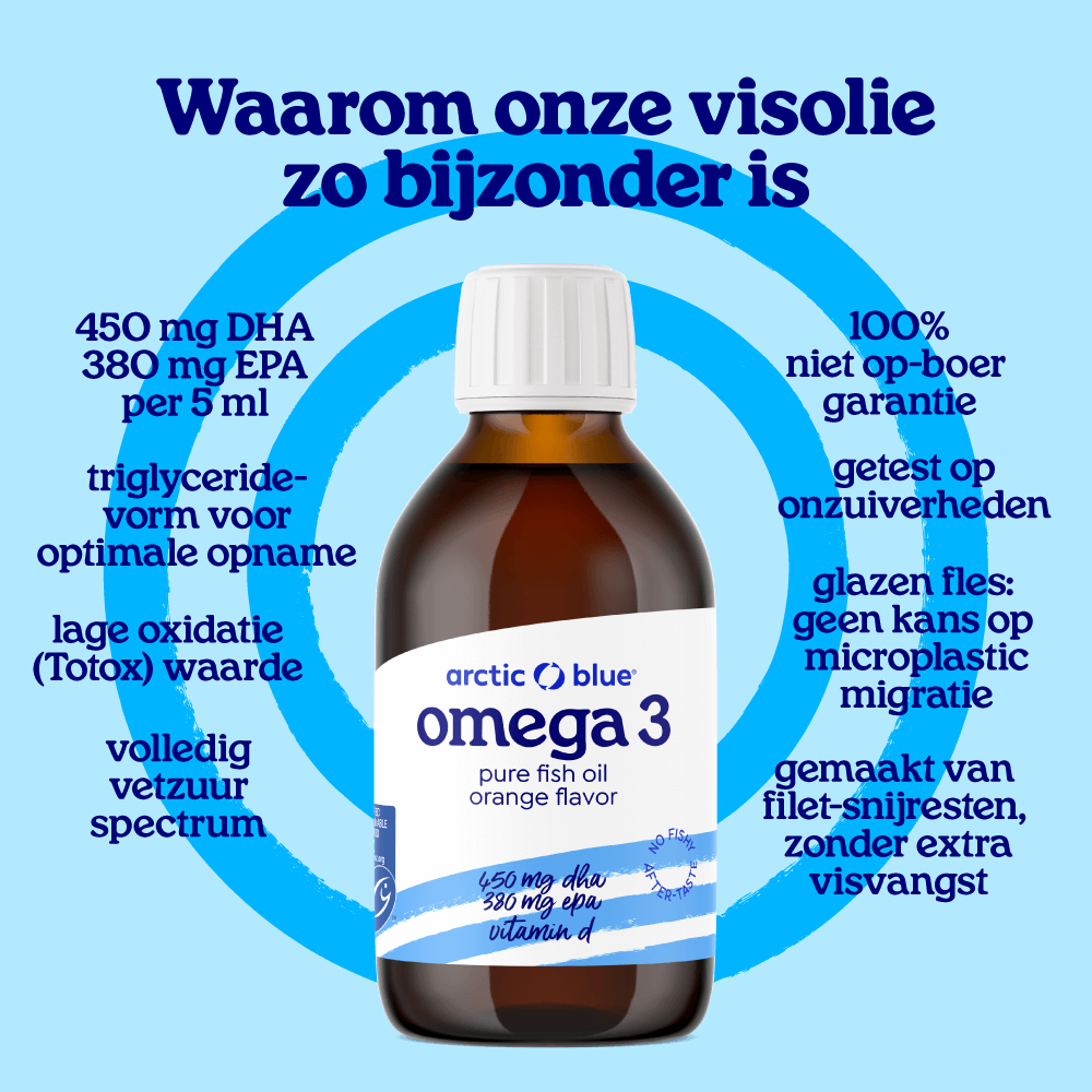 Waarom onze visolie zo bijzonder is: 450 mg DHA en 380 mg EPA per 5 ml, triglyceridevorm voor optimale opname, lage oxidatiewaarde, volledig vetzuurspectrum, glazen fles en gemaakt van filet-snijresten